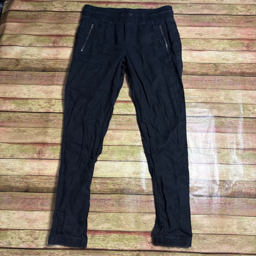 Athleta Cabo Linen Jogger Pants Black Size 10 Tall Smocked Waist Zipper Pocket